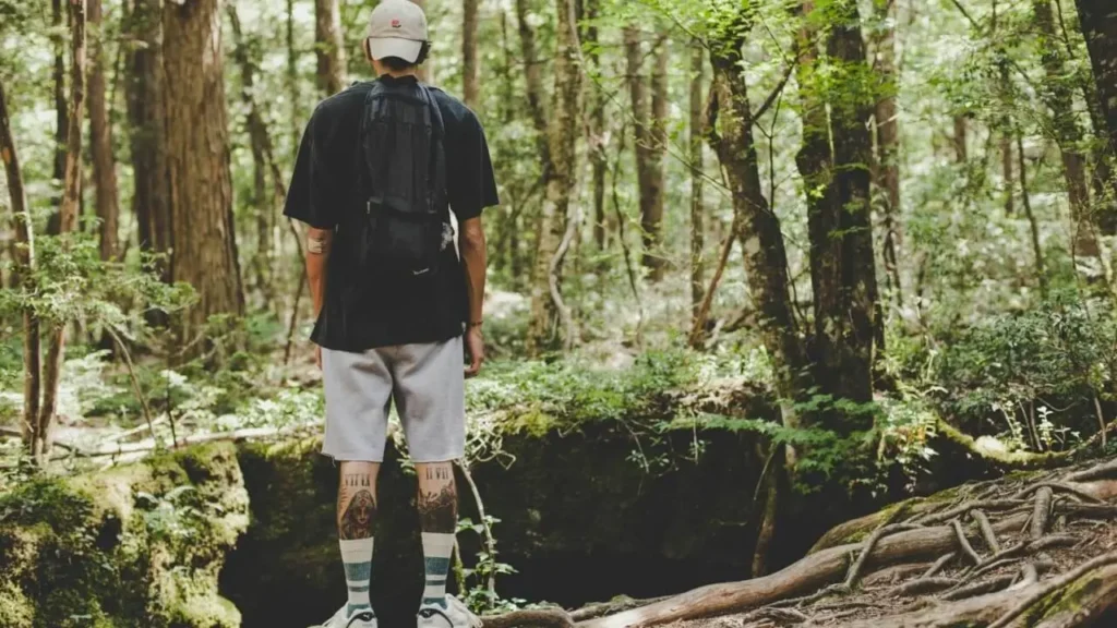 Hiker pausing on an unmarked forest trail, embracing the wrong turn and Daoist simplicity