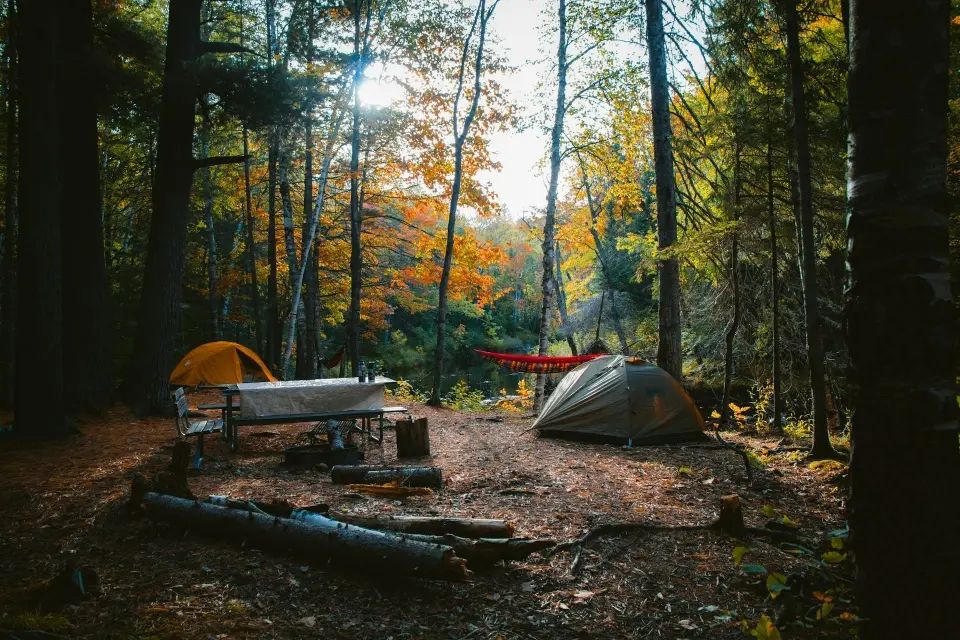 Minimalist backpacking hiker walking into misty forest with simple gear, embodying invisible design and Daoist simplicity