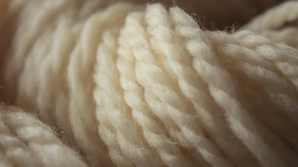 Macro photograph of raw merino wool fibers, natural helical crimp structure enabling organic thermoregulation for hiking