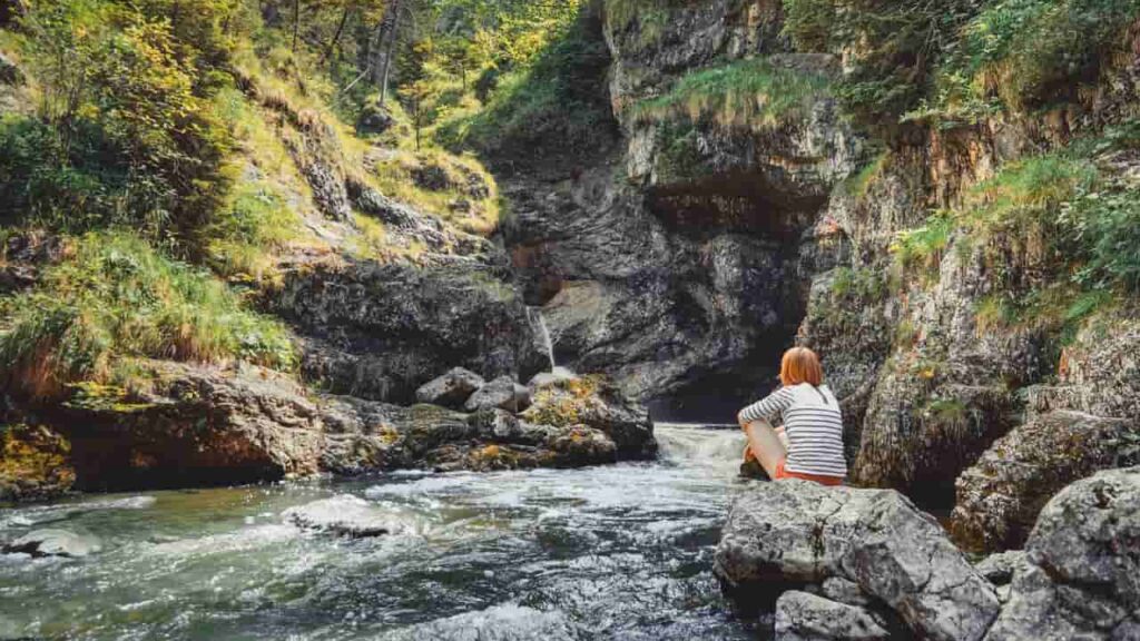 Daoist sensory immersion - Zhuangzi philosophy hiking on a moss-covered river stone